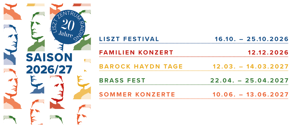 Ein Poster für das Liszt-Festival 2023 in Eisenstadt, Österreich. Veranstaltungen umfassen das Liszt-Festival, Familienkonzerte, Barock-Haydn-Tage, Brass Fest und Sommerkonzerte.