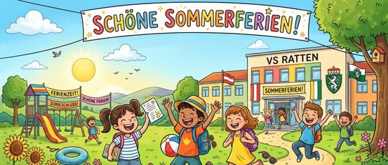 Eine bunte Illustration von Kindern, die auf ein Schulgebäude mit einem Banner zulaufen, das 'SCHONE SOMMERFERIEN!' und 'VS RATTEN' steht. Sie tragen Rucksäcke und halten einen Ball. Die Schule hat eine Flagge und ein Wappen an der Wand.