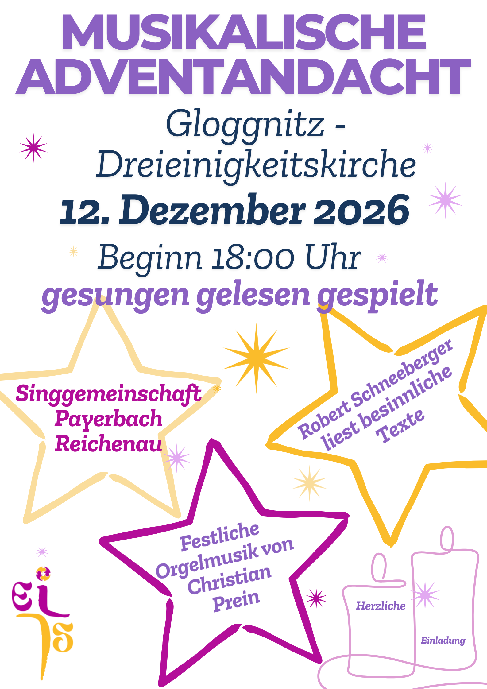 Plakat für eine festliche Veranstaltung in der Glognitz Dreieinigkeitskirche am 12. Dezember 2026, Beginn um 18:00 Uhr. Es zeigt einen Stern mit Texten über Singen, Lesen und Spielen, zusammen mit Namen und einer Kerzenillustration.