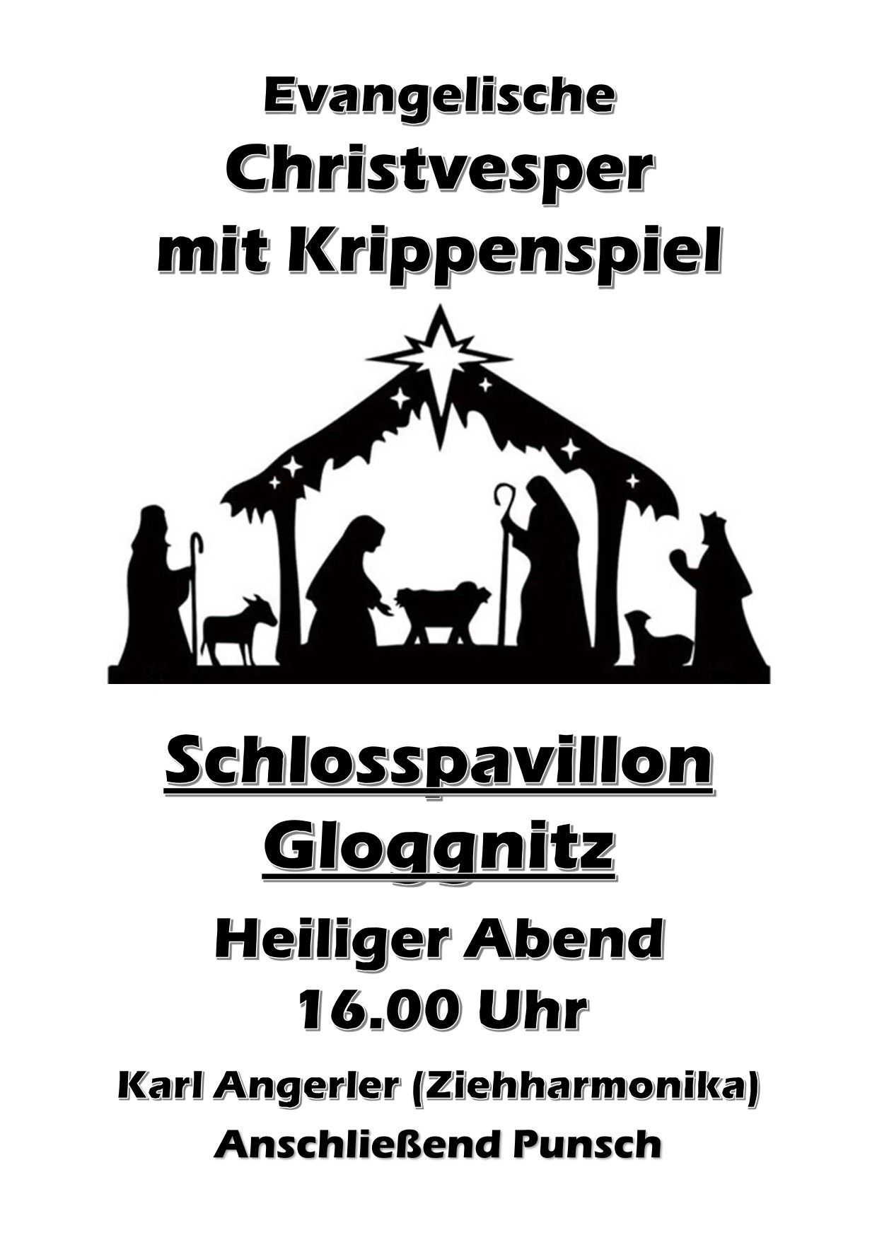 Ein Plakat für eine Weihnachtsveranstaltung mit einer Krippenszene, die einen Hirten, Maria, Josef und ein Baby zeigt, mit einem Stern und Text auf Deutsch.