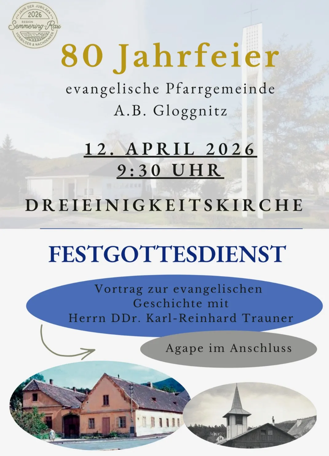 Plakat für eine religiöse Veranstaltung in der Dreieinigkeitskirche am 12. April 2026 um 9:30 Uhr. Mit einem Vortrag zur evangelischen Geschichte von Dr. Karl-Reinhard Trauner, anschließend Agape.