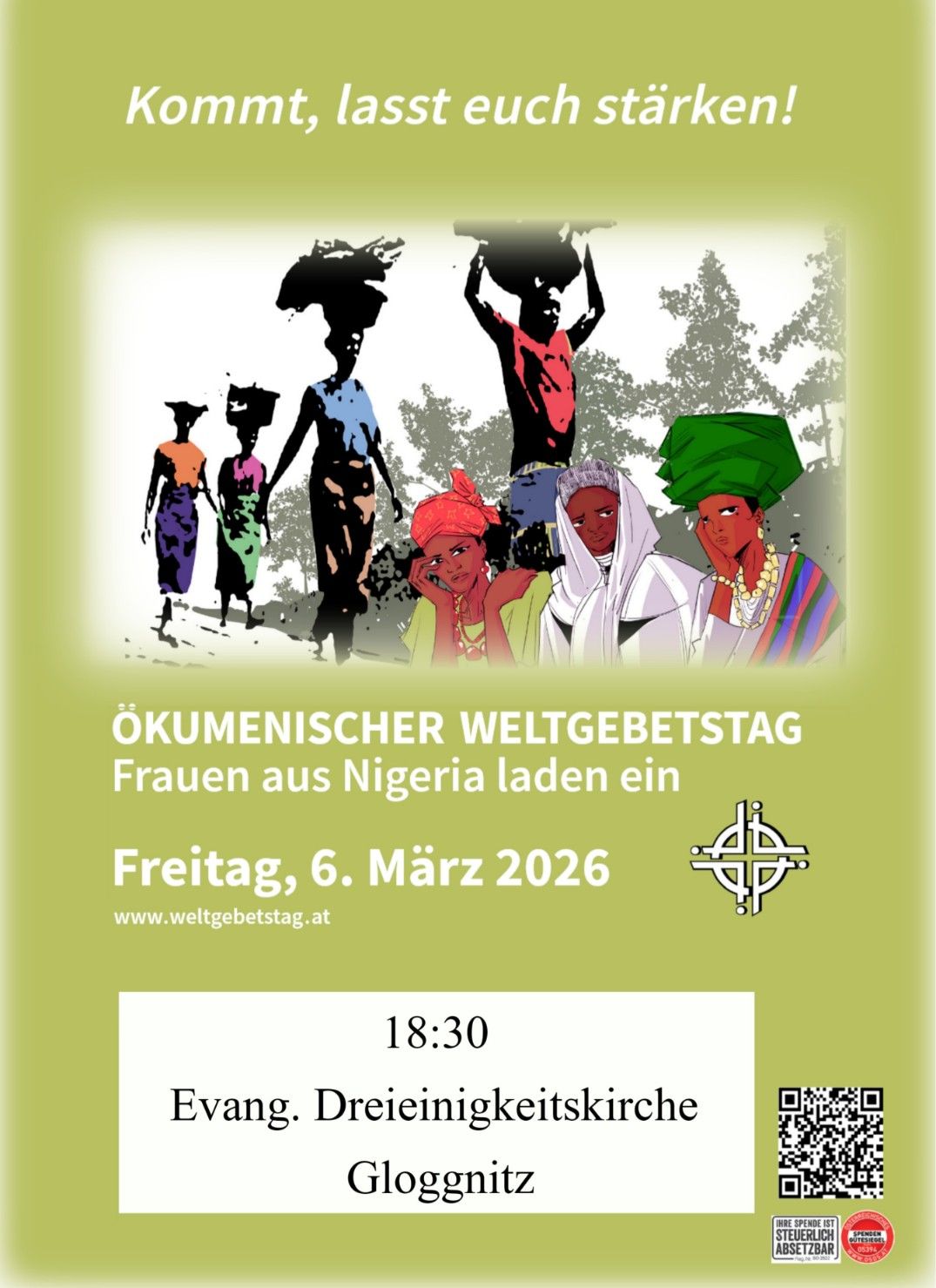 Poster for Ecumenical Prayer Day, featuring women from Nigeria, scheduled for Friday, March 6, 2026 at 18:30 at the Evangelical Trinity Church. Visit www.weltgebetstag.at for more information.
