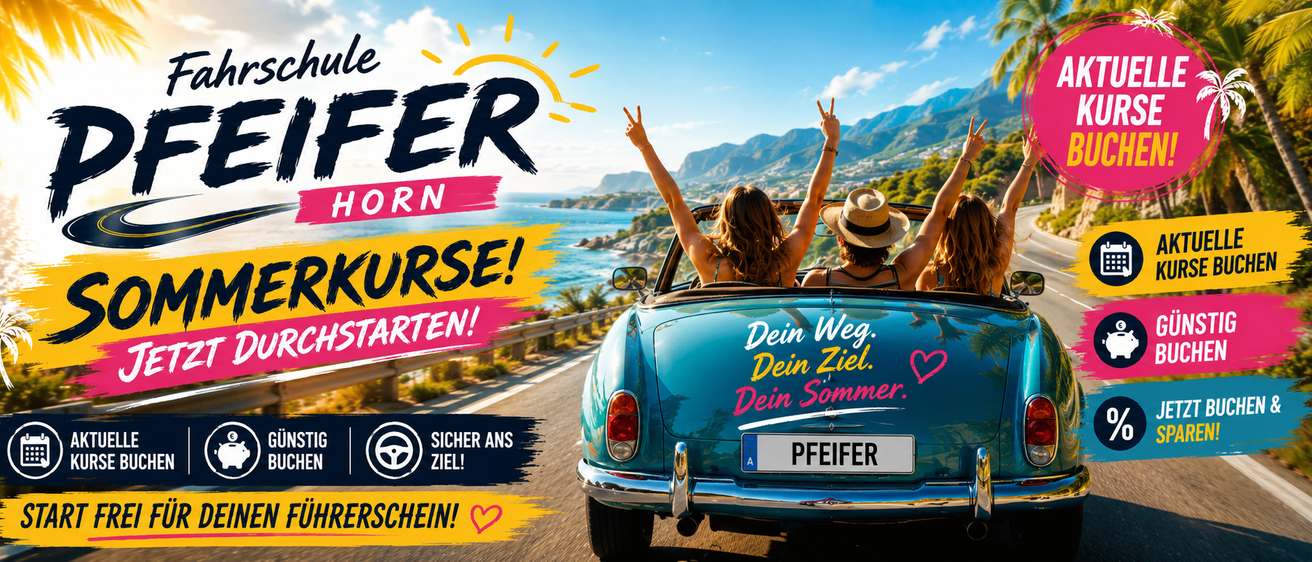 Zwei Frauen fahren einen blauen Cabriolet mit erhobenen Armen. Auf dem Heck steht 'Dein Weg. Dein Ziel. Dein Sommer' und 'Pfeifer'.