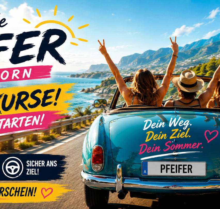 Zwei Frauen fahren einen blauen Cabriolet mit erhobenen Armen. Auf dem Heck steht 'Dein Weg. Dein Ziel. Dein Sommer' und 'Pfeifer'.