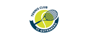 Das Logo des Tennis Clubs Gutenberg zeigt einen Tennisball und Schläger auf schwarzem Hintergrund, mit dem Text 'Tennis Club' und 'TC Gutenberg' in Weiß.