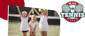 Plakat für einen Tenniskurs für Kinder und Jugendliche in Gutenberg, mit drei Kindern, die Tennis spielen, und einem Netz im Hintergrund. Das Plakat enthält Details zum Kurs, einschließlich Datum, Uhrzeit und Kosten.