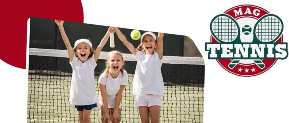Plakat für einen Tenniskurs für Kinder und Jugendliche in Gutenberg, mit drei Kindern, die Tennis spielen, und einem Netz im Hintergrund. Das Plakat enthält Details zum Kurs, einschließlich Datum, Uhrzeit und Kosten.