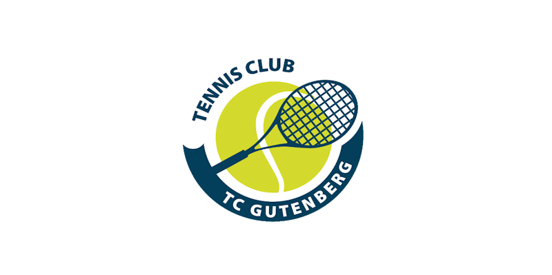 Das Logo des Tennis Clubs Gutenberg zeigt einen Tennisball mit einem kreuzenden Schläger, vor schwarzem Hintergrund.