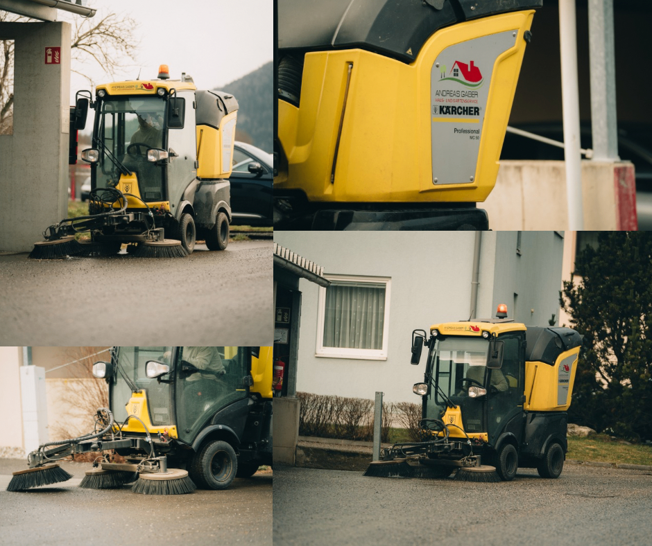 Eine Collage von Bildern, die einen gelben Karcher-Straßenkehrer zeigt. Ein Bild zeigt den Kehrer bei der Straßenreinigung. Ein weiteres Bild hebt die gelbe und schwarze Farbe des Geräts hervor.