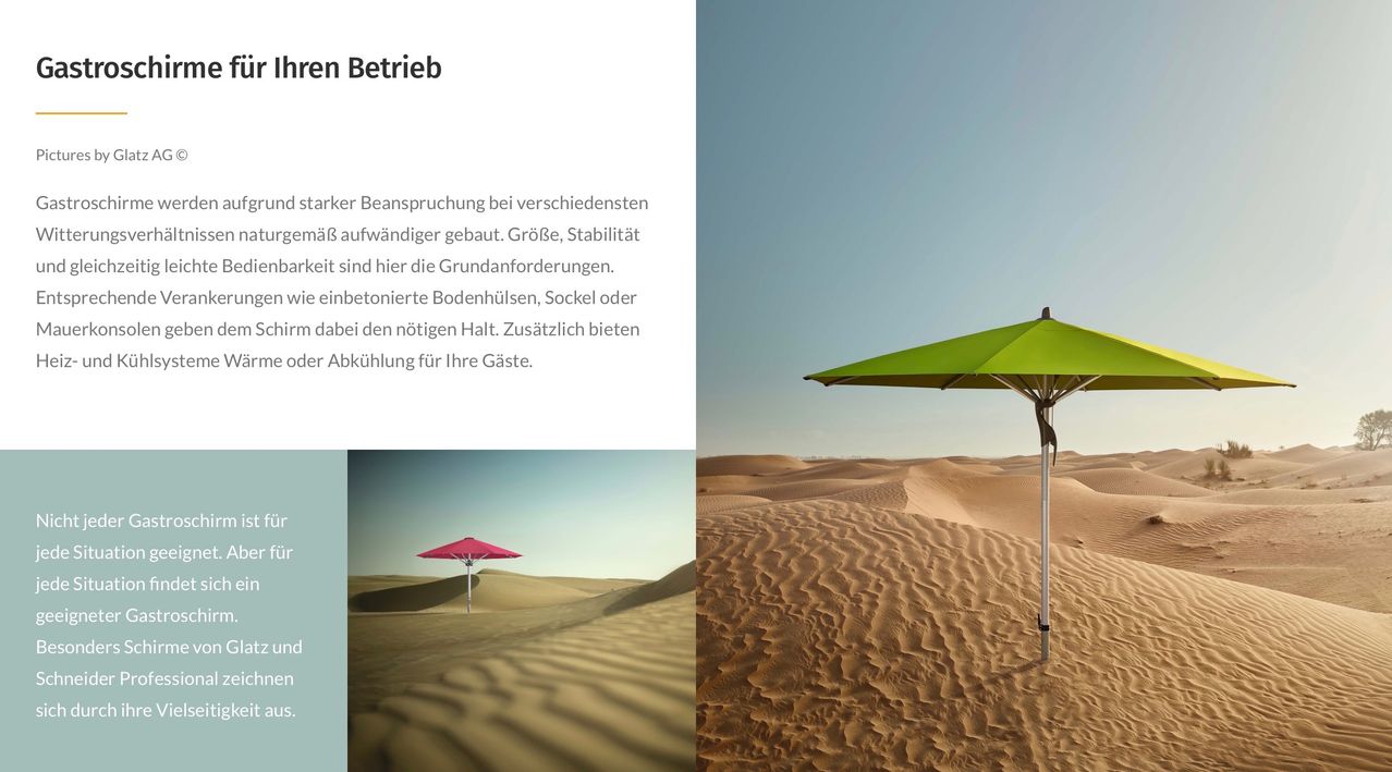 Ein grüner und ein rosafarbener Sonnenschirm stehen in einer Wüstenlandschaft. Der grüne Schirm ist geöffnet, während der rosafarbene geschlossen ist. Die Wüste hat wellige Sanddünen.