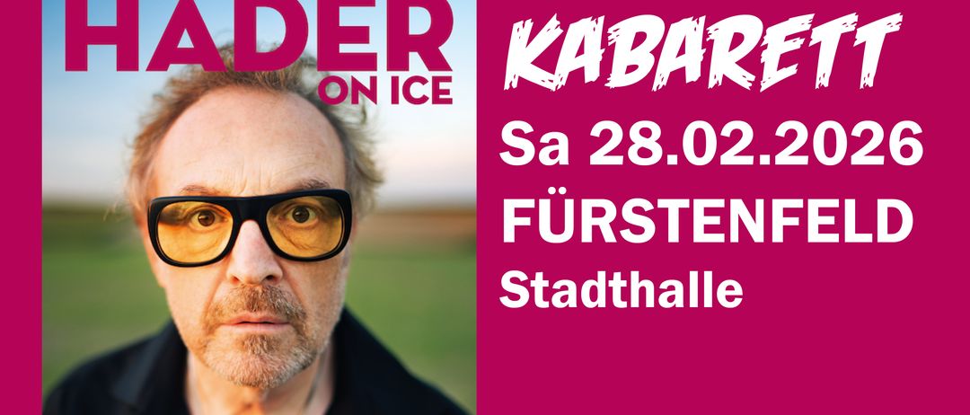 Plakat für 'Der Kabarett on Ice' mit einem Mann, der eine Sonnenbrille trägt. Die Veranstaltung ist für den 28. Februar in der Furstenstadthalle geplant.