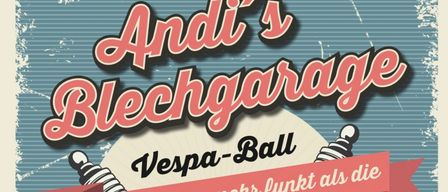 Plakat für Blechgarage Vespa Ball. Zeigt zwei Zündkerzen mit den Worten 'Ein Abend der mehr funkt als die Zündung'. Die Veranstaltung findet am Samstag, 10. Januar, ab 20 Uhr statt. Candy Men Duo spielt Live-Musik.