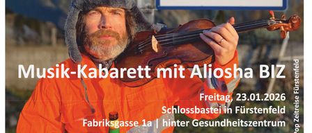 Ein Plakat zeigt einen Mann in Hut und orangefarbenem Overall mit Geige. Text: Musik-Kabarett mit Aliosha BIZ. Freitag, 23.01.2026. Einlass 18:30 | Beginn 19:00.