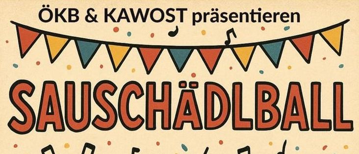 Plakat für die Sauschadlball-Veranstaltung mit zwei tanzenden Schweinen und einem Mann mit Gitarre. Datum: 07. Februar 2026 ab 18:00 Uhr. Essen und Getränke sind vorhanden. Genießen Sie mit Erich Frei.