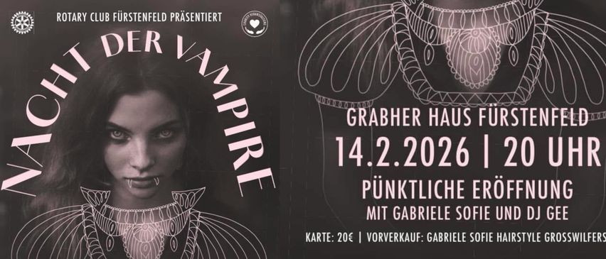 Plakat für eine Vampir-Veranstaltung am 14. Februar 2022. Zeigt eine Fledermaus, und die Veranstaltung heißt 'Grabher Haus'. Tickets kosten 20€.