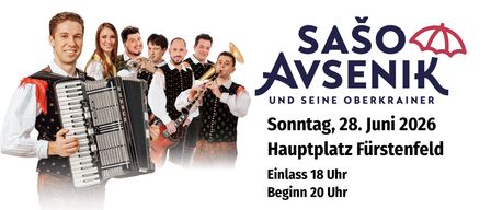 Ein Plakat mit Musikern, die Instrumente spielen, der Titel 'SA AVSI UND SEINE O'. Darunter steht 'Sonntag, 28 Hauptplatz', 'Einlass 18 Uhr' und 'Beginn 20 Uhr'.