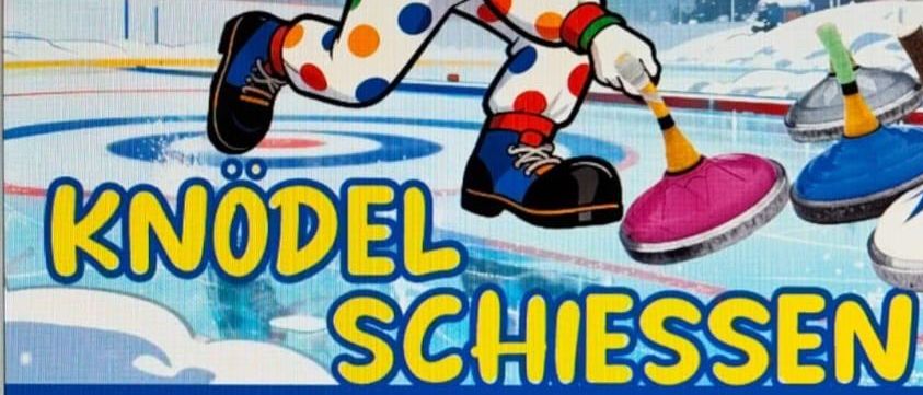 Plakat für ein Curling-Event in der Mittergaße am Samstag, 14.02.2026. Beginn um 13:00 Uhr. Clown in bunten Punkten spielt.