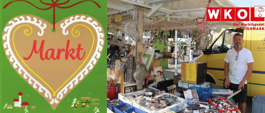 Zwei Bilder eines Marktstandes mit einem grünen Banner. Eines zeigt eine herzförmige Grafik mit dem Text 'Kunst'. Das andere zeigt verschiedene Gegenstände wie Holzlöffel, Plastiktüten und einen roten Eimer, zusammen mit anderen Ständen und Menschen.