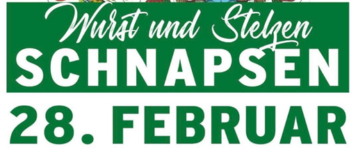 Plakat für Wurst und Stelzen Schnapsen. Datum: 28. Februar. Beginn um 14:00 Uhr. Ort: Mehrzweckhalle Übersbach. Kartenpreis: 6 Euro. Gewinner erhält eine Wurst oder Spieß, Verlierer ein Getränk.