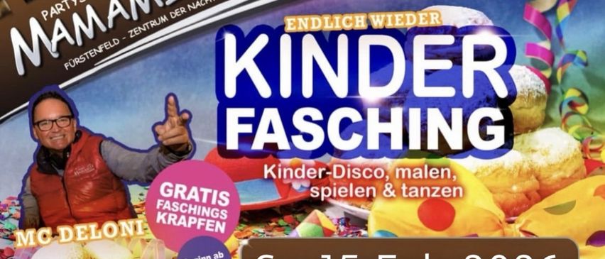 Ein Plakat für eine Kinderfaschingsveranstaltung mit Disco-Thema, mit einer Kinderhand, einer Discokugel und einem Konfettihintergrund. Kostenlose Faschingstüten und Beginn um 14:00 Uhr am 15. Februar.