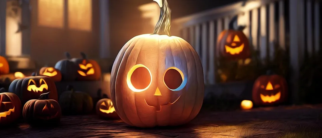 Eine Jack-o'-Lantern mit einem Lächeln und Augen ist auf einer Veranda mit anderen Kürbissen beleuchtet.