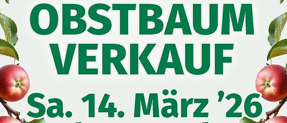 Eine Werbung für einen Apfelbaumverkauf am 14. März 2026, ab 9 Uhr, veranstaltet von Stadtservice Furstenfeld am Wirtschaftshof, Fehringerbasse 17. Verschiedene Apfelsorten sind erhältlich für bis zu 2 Bäume zu 15 Euro pro Stück.