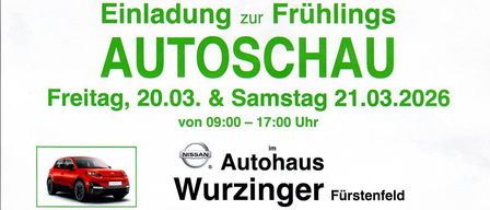 Autohaus Wurzinger Furstenfeld präsentiert den neuen Nissan Micra mit Finanzierungsangebot und 4 kostenlosen Winterreifen. Am 20. und 21. März, von 9:00 bis 17:00 Uhr, Rabatte und Boni auf verschiedene Nissan-Modelle.