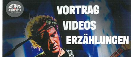 A poster of a musician with a red electric guitar, titled Video Erzählungen. The musician is named Robby Musenrichter, and the event starts at 19:00. Ticket prices are 27 Euros for general admission and 30 Euros for standing.