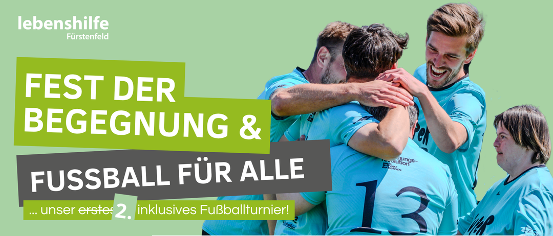 Plakat für ein inklusives Fußballturnier. Die Veranstaltung findet am Samstag, 9. Mai 2026, ab 9:00 Uhr in der Stadthalle F statt.