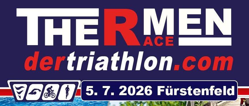Werbeplakat für dertriathlon.com mit olympischem Triathlon, Sprint-Hobbytriathlon und Aquathlon am 5. Juli 2026 in Furstenfeld. Schwimmer, Radfahrer und Läufer abgebildet.