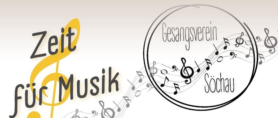 Plakat für ein Musikevent in Sochau am Samstag, 9. Mai, Beginn um 19:00. Mit musikalischen Noten, Text auf Deutsch und einer Gruppe von Menschen in traditioneller Kleidung.