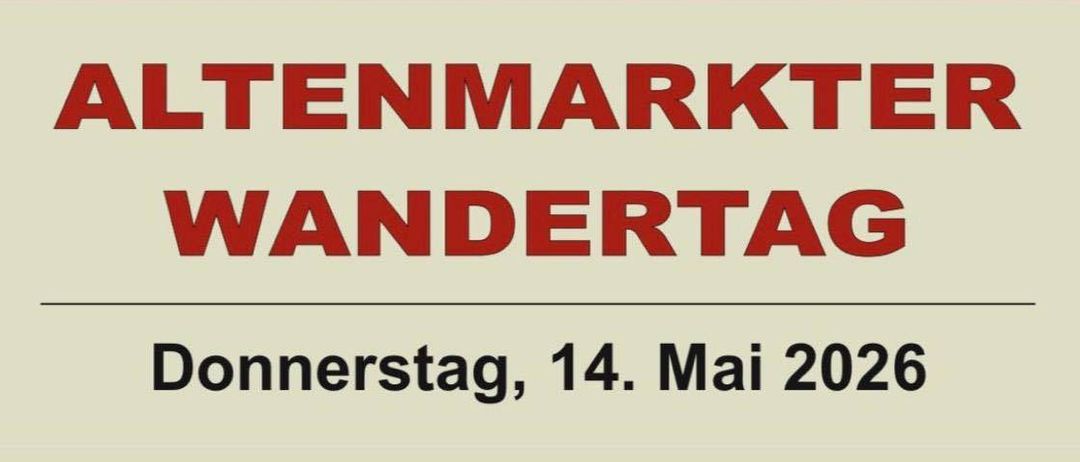 Ein Plakat für die Altenberg Wandertag Veranstaltung am 14. Mai 2026. Details umfassen Start- und Endzeiten, Kosten, Streckenlänge und Treffpunkt.