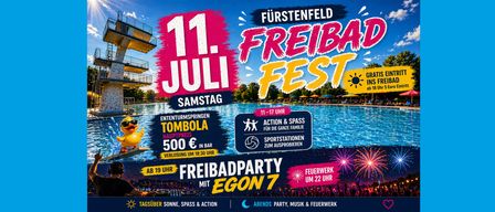 Advertisement for the Freibad Fest in Furstenfeld, featuring a pool, entertainment, a raffle, sports stations, and fireworks at 11 AM to 5 PM.