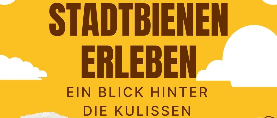 Plakat für eine Imker-Veranstaltung am 13. Juni. Zeigt einen Imker mit einem Bienenstock, Bienen und Details zur Anmeldung.