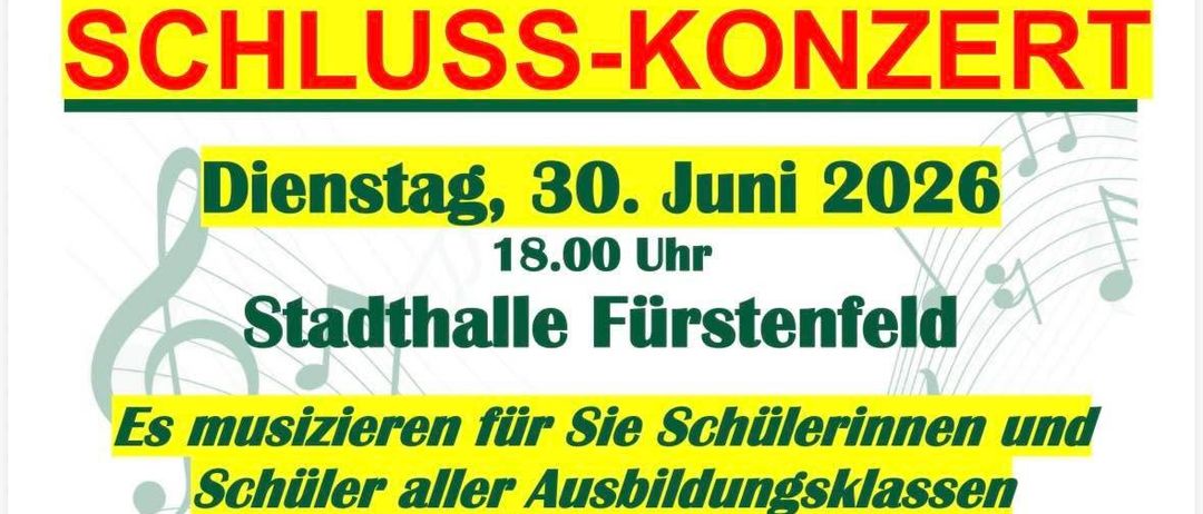 Plakat für ein Konzert im Rathaus Furstenfeld am 30. Juni 2026, um 18:00 Uhr. Die Veranstaltung zeigt Schüler der Franz Schubert Musikschule. Das Poster hat eine farbenfrohe Illustration von Musikern und Menschen.