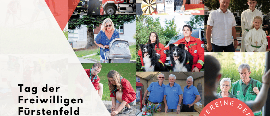 Werbeposter für den Tag der Freiwilligen in Fürstenfeld. Datum ist der 4. Juli 2026. Zeit ist von 09:00 Uhr bis 12:00 Uhr. Ort ist der Hauptplatz von Fürstenfeld. Mehrere Personen und Hunde sind abgebildet.