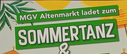 A poster advertises a summer dance and auto-glanc event on Saturday, July 11, 2026. It features a couple dancing, a yellow car, and drinks with umbrellas. The event is at the autohaus prem altenmarkt.