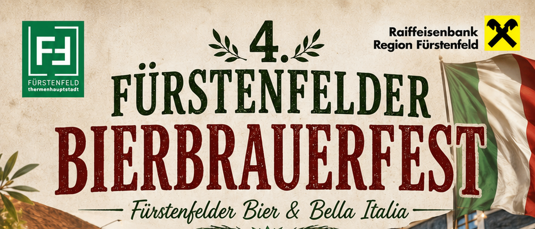 Werbeposter für ein Bierfest mit Flaschen verschiedener Biere und einem Koch, der italienisches Essen zubereitet. Termine sind 3. und 4. Juli, Beginn jeweils um 17.00 Uhr. Ort: Pfeilburghof.