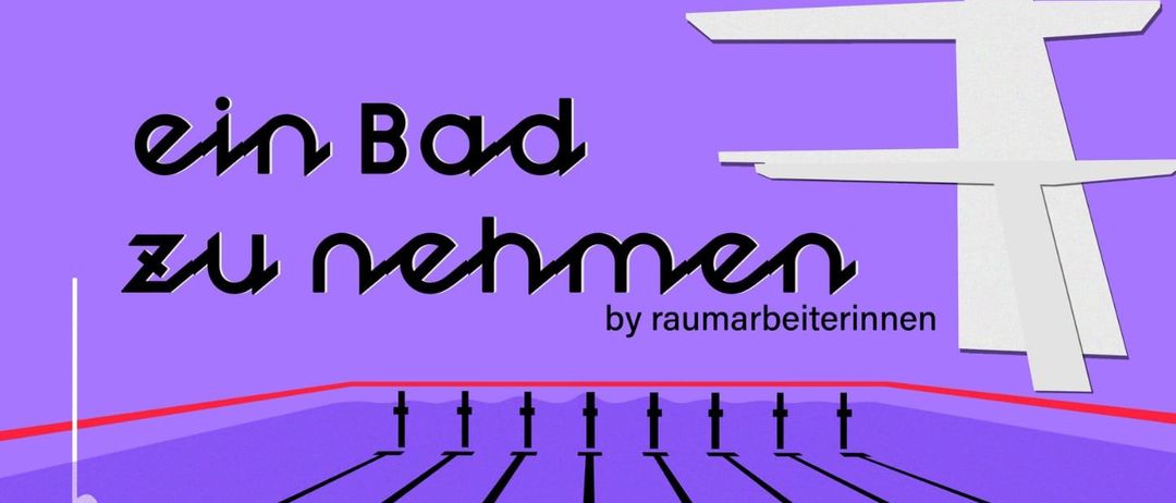 Ein Schwimmer taucht in ein Becken mit Bahnen ein. Der Titel lautet 'ein Bad zu nehmen'. Eine Silhouette einer Person ist im Vordergrund.