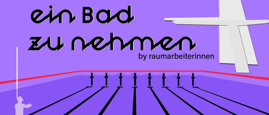 Ein Poster mit einem Schwimmbecken und einer Silhouette einer Person. Der Text lautet 'ein Bad zu nehmen'. Eine Person taucht in den Pool ein.