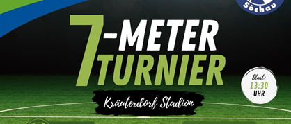 Poster for a 7-meter throwing tournament on July 11, 2026, at Kraitendorf Stadium. Features a trumpet, music club, and a sunset backdrop. Start time is 1:30 PM.