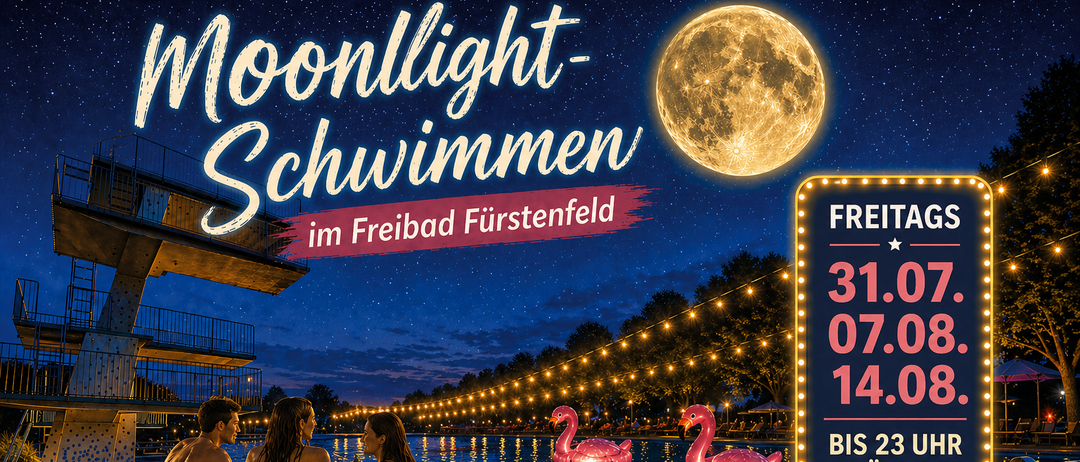 Mondlicht-Schwimmveranstaltung im Freibad Furstenfeld. Termine: 31. Juli, 7. August und 14. Bis 23:00. Freier Eintritt. Leute entspannen sich am Pool mit Flamingos und Lichterketten.