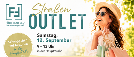Poster advertising the StraBen Outlet event on Saturday, September 12th, from 9 AM to 1 PM in the main street of Furstenfeld. A smiling woman wearing a hat and sunglasses is holding a shopping bag.