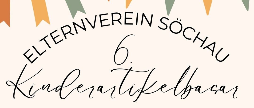 Plakat für die 6. Kinderkunstmesse in Sochau, mit einer Kiste Spielzeug, einem Baum, einem Kuchen und Skiern. Veranstaltungsdetails umfassen Datum, Uhrzeit und Kontaktinformationen.