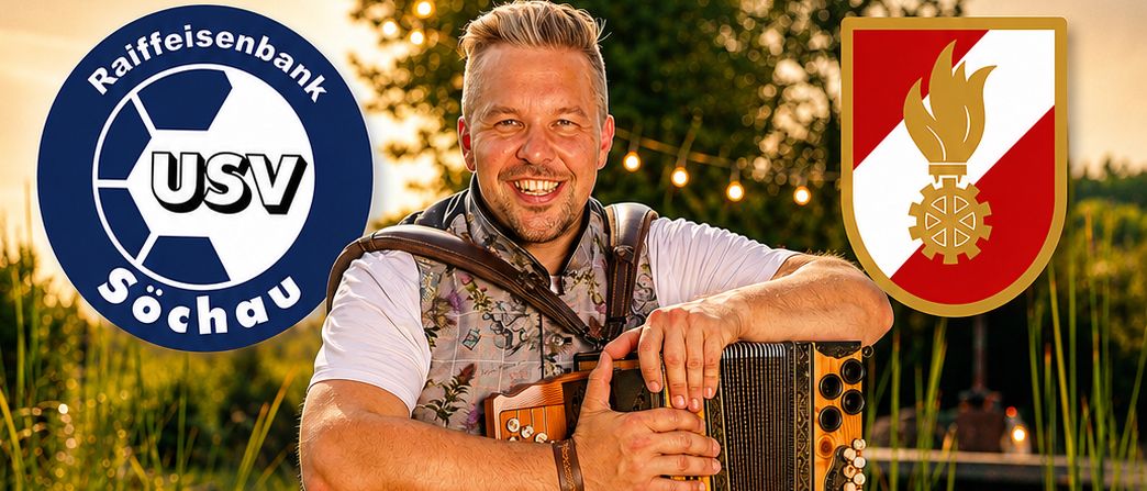 Ein Plakat für Zellerfest 2026 mit einem Mann, der ein Akkordeon spielt, und einem Logo für USV Sochau im Hintergrund.