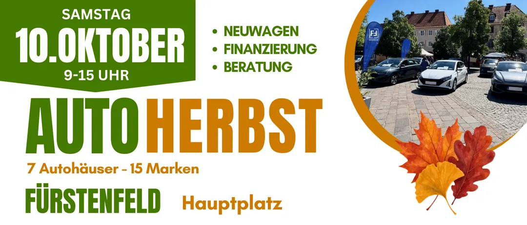 Herbst-Veranstaltungsposter mit grünem und orangefarbenem Text, mit Kategorien wie Neuwagen, Finanzierung und Beratung.