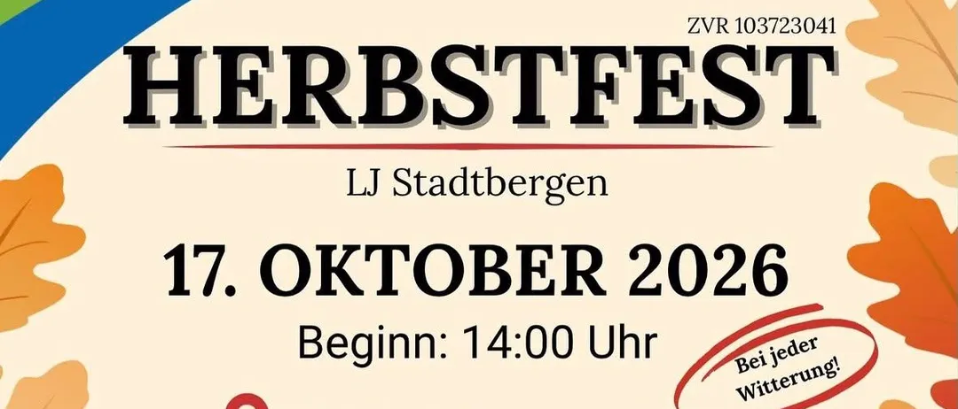 Plakat für das Herbstfest-Event im Obsthof Braunstein, Stadtbergen, am 17. Oktober 2026. Die Veranstaltung beginnt um 14:00 Uhr und umfasst kulinarische Köstlichkeiten, Live-Musik und eine Party mit DJ Philipp.