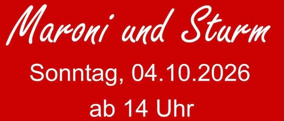 Ein Poster bewirbt Kastanien und ein Glas roten Saft auf einem Holztisch.