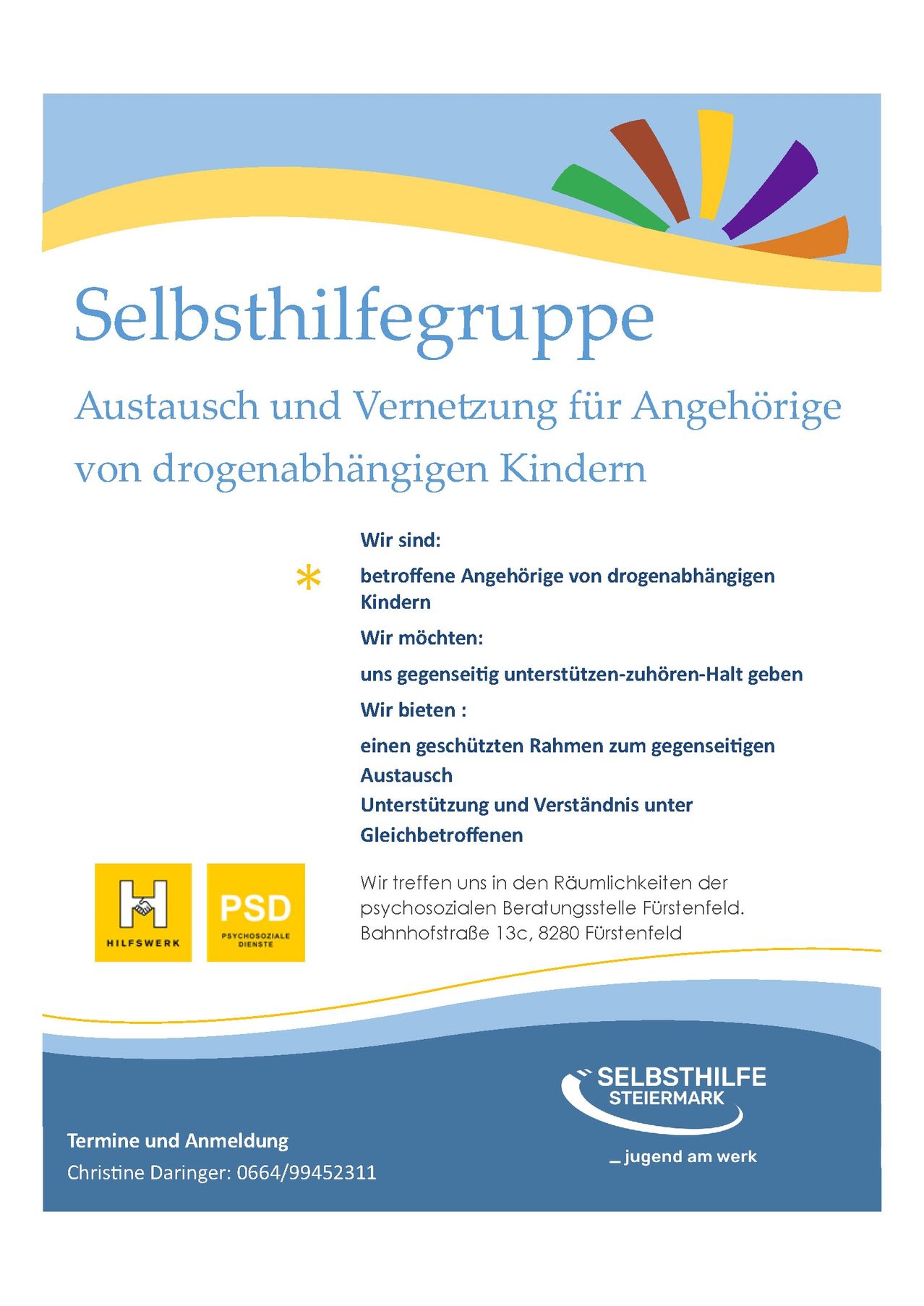 Ein Flyer für die Selbsthilfegruppe, eine Unterstützungsgruppe für Eltern von Kindern, die von Drogen abhängig sind, mit Details zu ihren Aktivitäten und Kontaktinformationen.