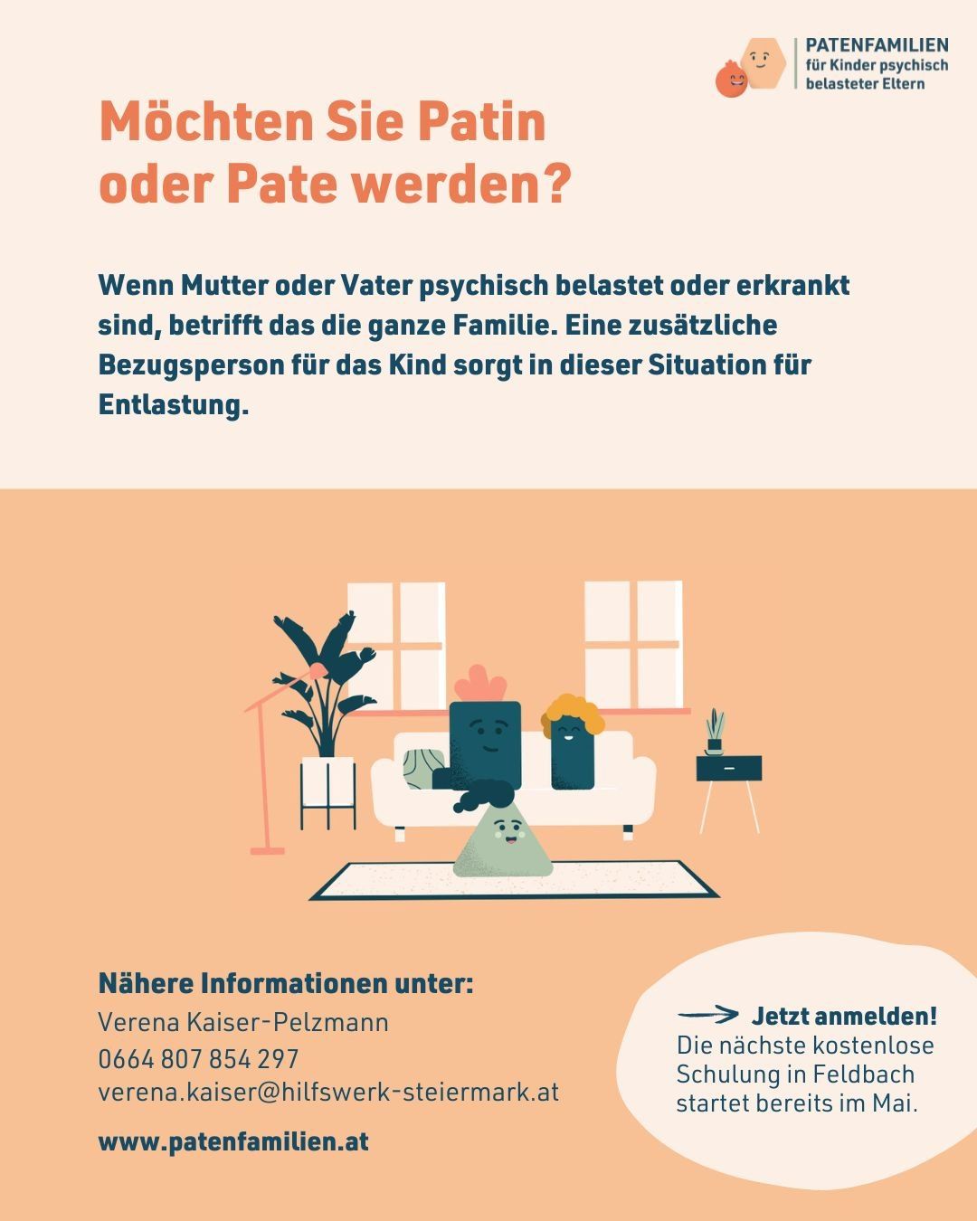 Infografik über Verena Kaiser-Pelzmann, eine Familienunterstützerin, die Betreuung anbietet, wenn Eltern gestresst oder krank sind. Kontaktdaten und Einladung zur Anmeldung für eine kostenlose Beratung in Feldbach.